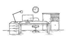 Hand Drawn Office. Sketch Desk With Chair Computer And Lamp. Home Officer Room Interior Vector Background. Office Workspace, Illustration Of Monitor And Indoor Room Sketch