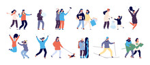 People In Winter. Men And Women Skiing, Skating And Child Making Snowman, Guy Walking Dog. Winter Activities Vector Characters Set. Illustration Winter Boy And Girl Rest Christmas Season