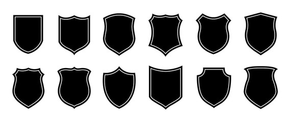 Police badge shape. Vector military shield silhouettes. Security, football patches isolated on white background. Illustration shield shape protection, black security and football badge