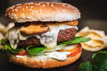 Delicious vegan falafel burger, cheese made from cassava and mushrooms. Healthy veggie vegetarian sandwich with no animal derivatives.