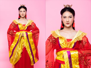 Wall Mural - Red Gold lace of Chinese Traditional Costume Opera or South East Asia Reddish Dress in Asian Woman with decoration portrait in many poses under Studio lighting Pink background, collage group pack