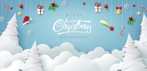 winter christmas composition in paper cut style.merry christmas text calligraphic lettering vector i