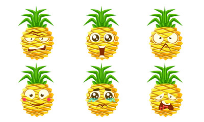 Wall Mural - Funny Pineapple Emojis Characters Set, Cute Tropical Fruit with Various Emotions Vector Illustration