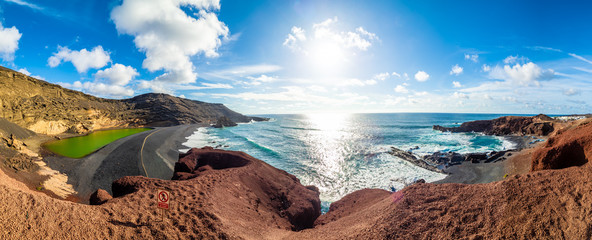 Landscape with unique Lago Verde and black sands at El Golfo beach, Lanzarote, Canary islands, Spain