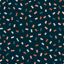 Chaotic Rectangles Hand Drawn Vector Seamless Pattern. Confetti Geometrical Minimalist Texture. Terracotta Coloured Simple Illustration On Navy Blue Background. Abstract Backdrop, Wrapping Paper