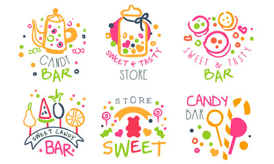 Naklejka na meble Candy Bar Logo Templates Set, Sweet and Tasty Store Bright Hand Drawn Badges Vector Illustration