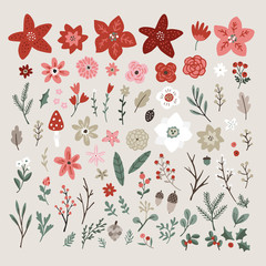 Wall Mural - Christmas set of plants. Flowers, red poinsettia, eucalyptus, spruce, fir, branches, leaves and berries isolated on white background. Hand drawn design elements. Winter floral vector illustrations.