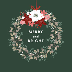 Wall Mural - Merry and Bright Christmas greeting card, invitation. Hanging advent wreath made of white berries, oak branches and red poinsettia flowers. Floral garland, winter decoration. Vector illustration.