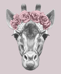 Portrait of Giraffe with floral head wreath. Hand-drawn illustration.Vector isolated elements.	