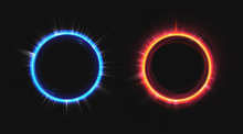 Hologram Effect Circles Set. Neon Hud Blue And Orange Glow Round Rays Isolated On Black Background. Empty Lighting Magic Fantasy Portal. Futuristic Teleport Top View. Realistic 3d Vector Illustration
