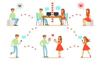 Sticker - Young Man and Woman Communicatitng with Their Mobile Phones and Computers, First Dating Vector Illustration