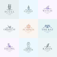 Wall Mural - Premium Quality Halloween Logos or Labels Template Bundle. Hand Drawn Creepy Holiday Sketch Symbols Collection. Classy Retro Typography and Pastel Colors. Isolated Set of Emblems.