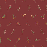 Fototapeta Dinusie - Christmas florals seamless vector pattern. Delicate leaves and flowers red and green winter branches and berries. Hand drawn background for gift wrap paper, fabric design, surface decoration