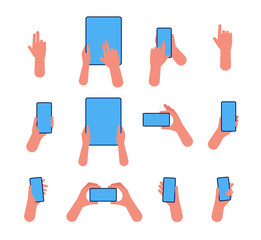 Canvas Print - phone hand. hold smartphones and tablets pointing on touch screen vector flat hands illustrations. s
