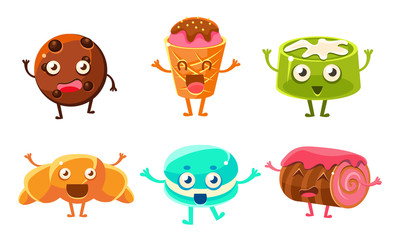 Sticker - Funny Desserts Cartoon Characters Set, Croissant, Cupcake, Roll Cake, Jelly, Cookie, Ice Cream Vector Illustration