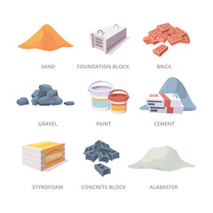 Wall Mural - Builder materials. Construction tools pile bricks gypsum cement sand vector materials collection in cartoon style. Illustration pile and brick, stone and sand, alabaster and styrofoam