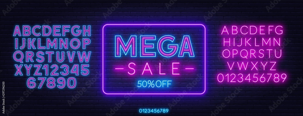 Mega sale neon sign on dark background. Discount template. Neon alphabet on a dark background. Template for design. - obrazy, fototapety, plakaty 