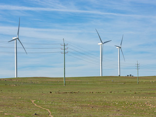 Wall Mural - an array of large wind turbines moving to create kinetic energy for renewable energy supply on a sun