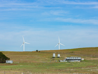 Wall Mural - a pair of large wind turbines moving to create kinetic energy for renewable energy supply with a sha