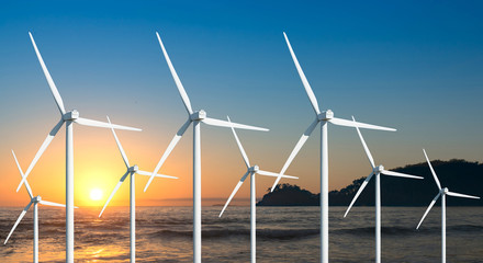 Wall Mural - a digital composition and 3d illustration of an array of wind turbines facing a beautiful sunrise be
