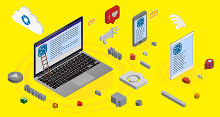 Cross platform development website. Adaptive layout internet page or web interface on screen laptop, tablet and phone. Cross-Platform Development. Vector illustration. Eps 10