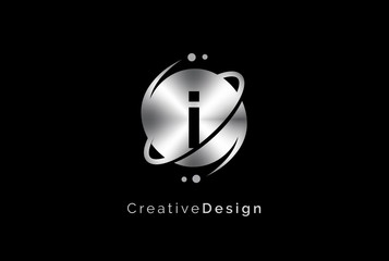 Wall Mural - Minimalist initial logo with planet orbit with metal effect logo template