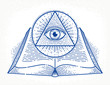 Secret knowledge vintage open book with all seeing eye of god in sacred geometry triangle, insight and enlightenment, masonry or illuminati symbol, vector logo or emblem design element.