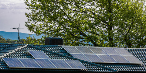 Wall Mural - view of rooftop solar power panels for clean, free and renewable energy supply in australian homes