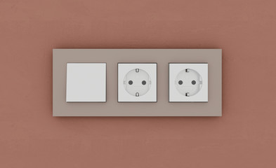 Dark plastic switched double socket. Light switch and power socket control panel on wall with wallpaper, close-up. Electrical european equipment. 3D rendering