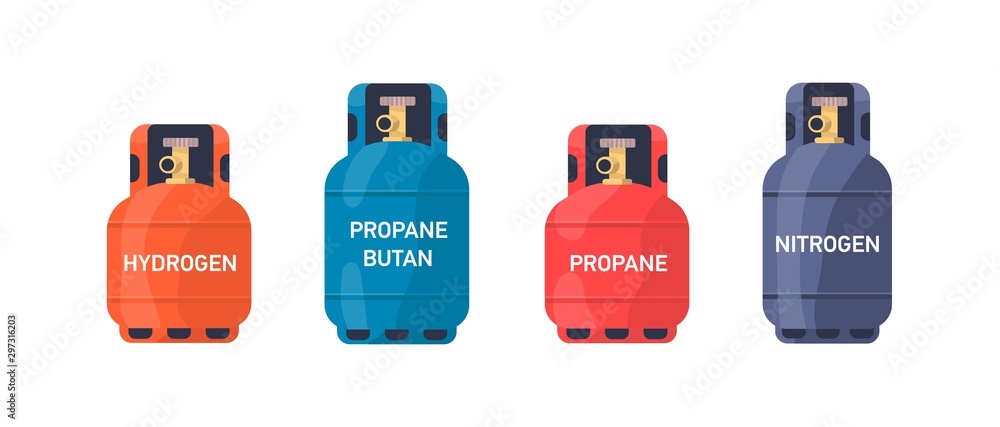Gas cylinders flat vector illustrations set. Hydrogen, propane, butane industrial tanks colorful collection. Compressed gas storage containers, metal balloons with valve isolated on white background. - obrazy, fototapety, plakaty 