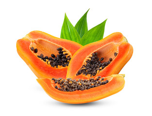 half of ripe papaya fruit with seeds isolated on white background. full depth of field