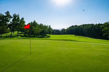 Wall Mural - Panorama View of Golf Course with beautiful putting green. Golf course with a rich green turf beautiful scenery.