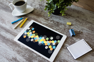 Colored APPS icons on tablet screen. Personal application and software development. Internet and technology concept.