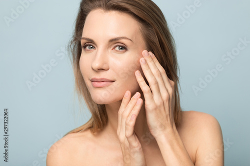 Fotomural Millennial Caucasian woman touch soft healthy skin