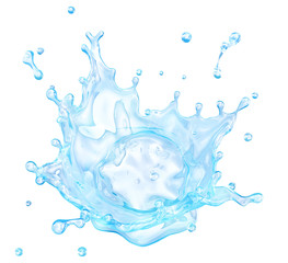 Fresh pure blue water splash. Clean transparent water, liquid fluid wave in translucent splashes form isolated on white background. Healthy drink fluid 3D splash advertising key visual design element