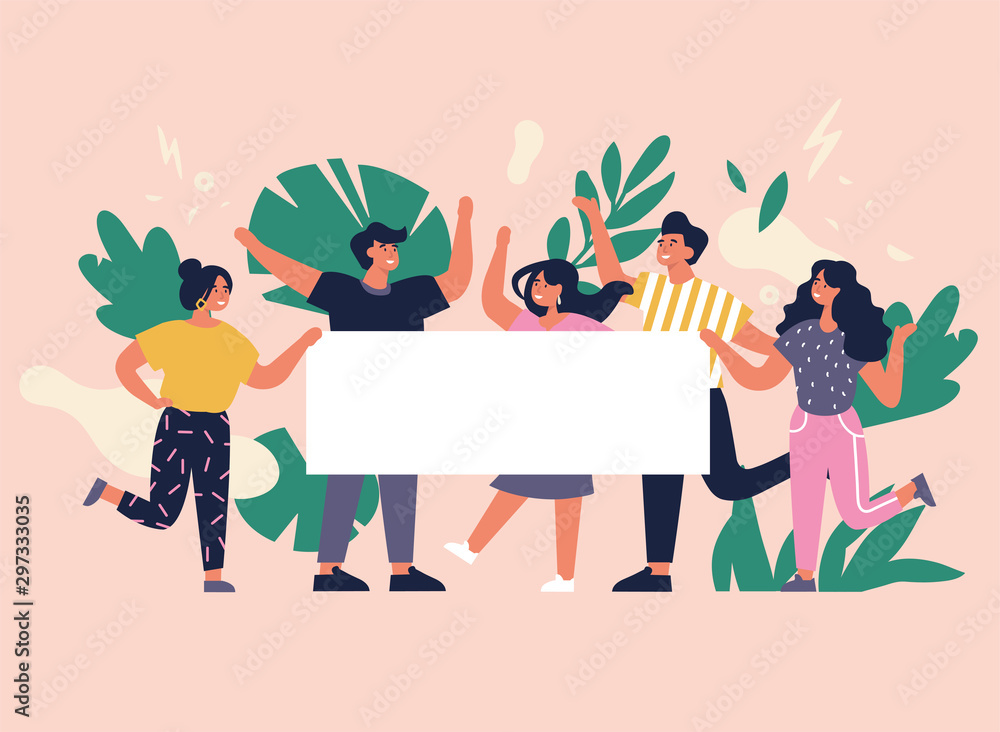 Vector illustration young people having great time and holding empty placard or banner. Positive emotions concept. Group of characters enjoying themselves and celebrating. - obrazy, fototapety, plakaty 