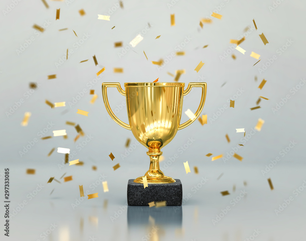 Gold winners trophy, champion cup with falling confetti - obrazy, fototapety, plakaty 
