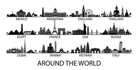 famous landmark of country in asia europe and america silhouette style with black and white classic 