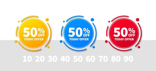 Sticker - Sale tags set vector badges template, up to 10, 20, 30, 40, 50, 60, 70, 80, 90 percent off. Templates ready for use in advertising design, web and print design. Trendy banners of yellow, blue, red.