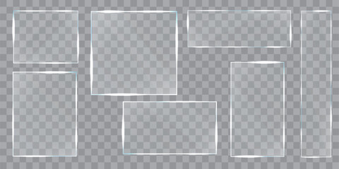 Vector illustration. Set of glass templates with reflection. Elements of graphic design for posters, games, web pages. Glowing borders. Objects with shadows. Realistic glass transparent background.