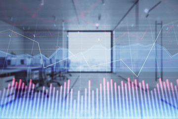  Stock market chart with trading desk bank office interior on background. Double exposure. Concept of financial analysis