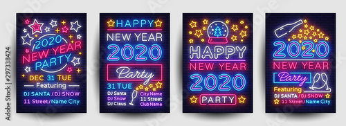 Fotomural Happy New Year 2020 Party Poster collection neon vector