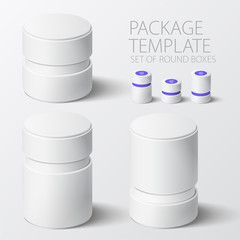 Set of realistic white round package box for products, isolated on white background, vector illustration. EPS 10