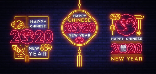 Wall Mural - Big collection design card for Chinese New Year 2020 year of the rat in neon style Vector. Chinese zodiac symbol 2020 for greetings card, flyers, invitation, posters. Hieroglyph means Rat. Vector