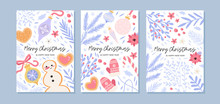 Christmas Or New Year Greeting Card Collection Or Set With Different Floral Elements And Christmas Tree Decorations. Winter Theme Greeting Post Card Or Invitation To A Party. Cute Vector Illustration.