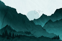 Impressive Mountain Region Illustration, With Fir Trees And Setting Sun.