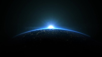 Poster - Sunrise over earth as seen from space. With stars background. 3d realistic animation 4k