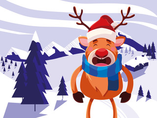 Wall Mural - cute reindeer with hat on winter landscape