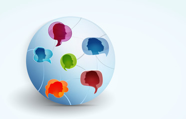 Poster - Networking. Global communication between a group of connected multi-ethnic colored people. Social network and information. Speech bubble. People talking. To communicate. To speak. Globe