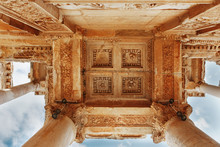 Elements Of The Columns Of The Architectural Structure Against The Blue Sky Of The Library Of Celsus In Ephesus, Turkey